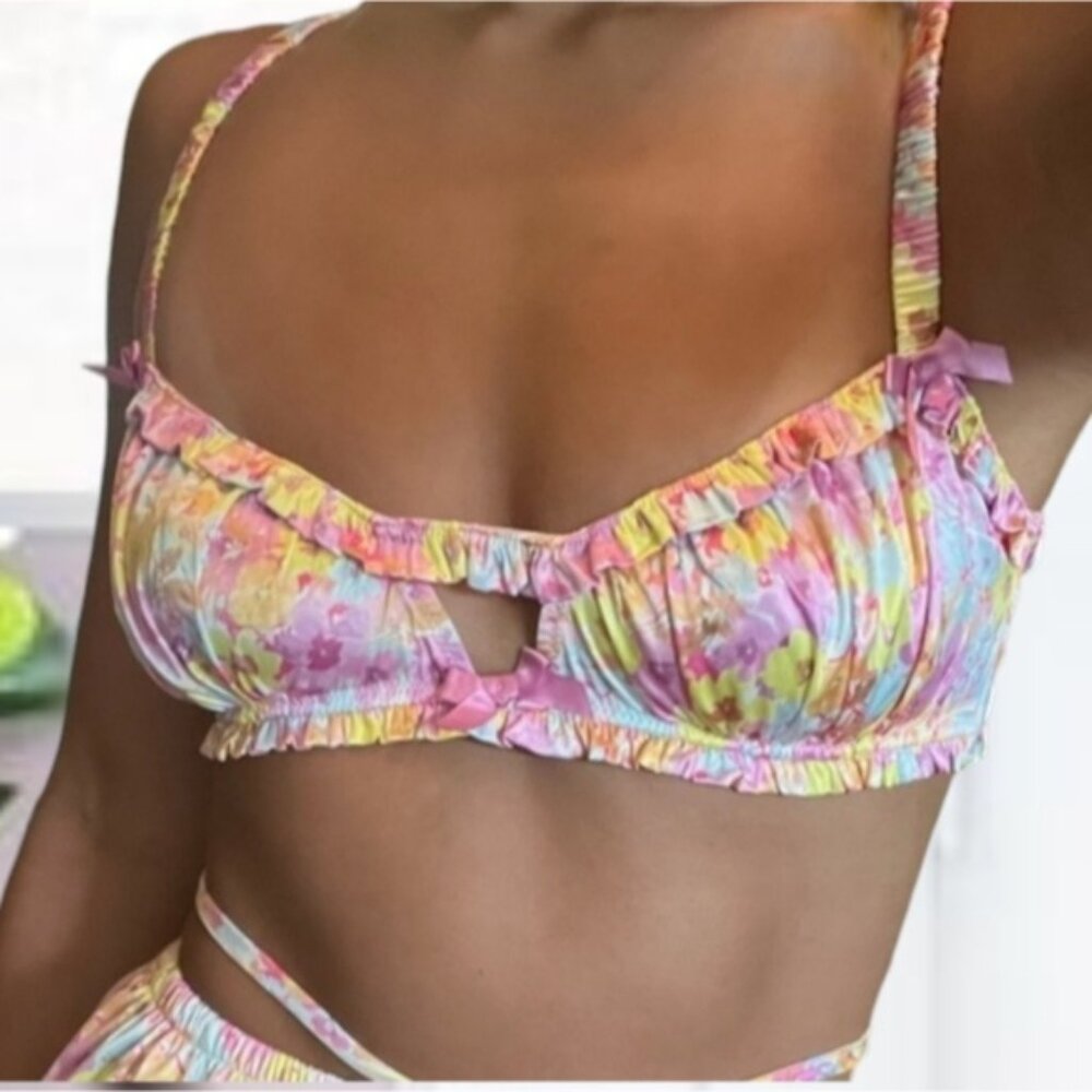 FOR LOVE AND LEMONS- Punch Satin Ruffled Cutout Bow Bralette Only- NWT